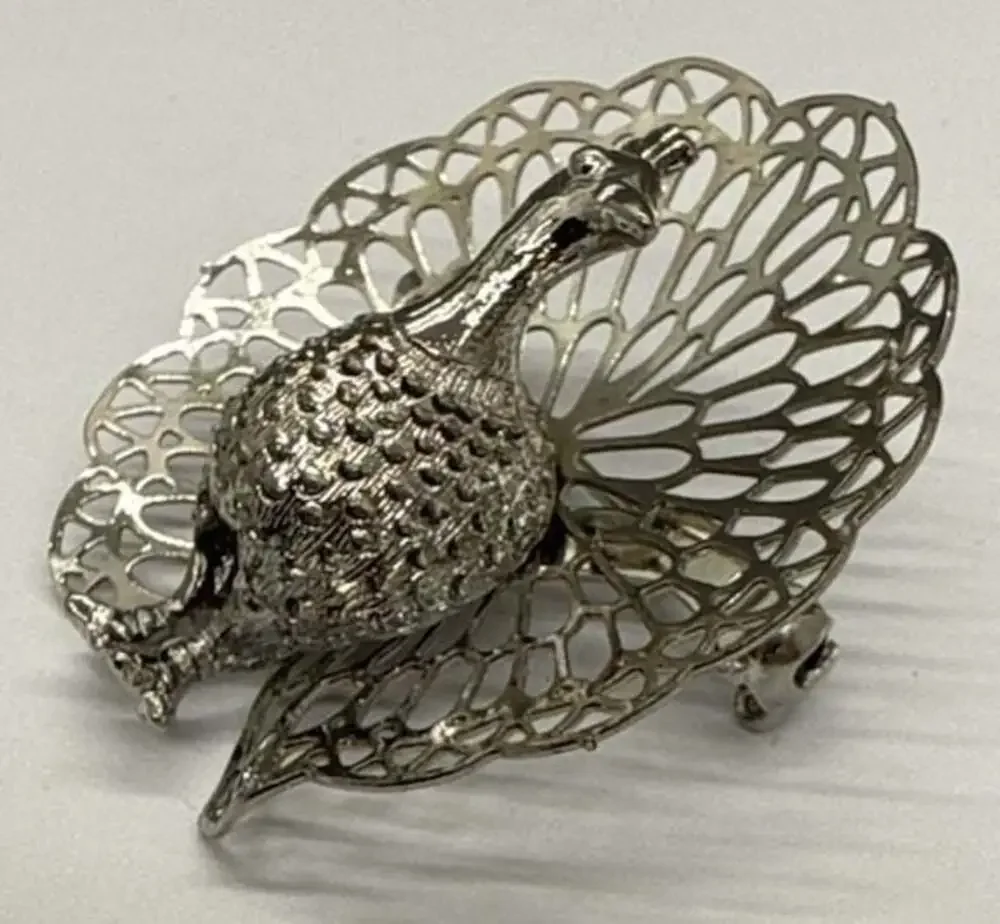 LOT Vtg Peacock Brooches Silver Tone 3D Filigree & Silver Tone Green Blue Enamel